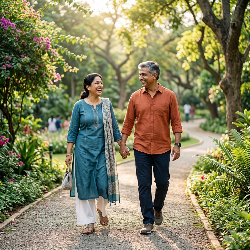 Healthy active senior Indian couple walking outside happily